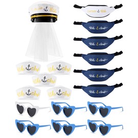 6 Sets Nautical Bridal Shower Hat Set - Women's Bride Captain Hat with Veil, Crew Sailor Hat, Fanny Pack, Heart Sunglasses for Bachelorette Party Boat Supplies