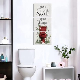 sechars Best Seat in the House Wall Art Funny Bathroom Signs Pictures Painting Modern Red Bathroom Wall Decor (Red)