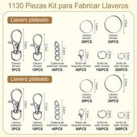1130 Piezas Kit para Hacer Llaveros, Llaveros DIY, Incluye Llaveros, Cierres de Mosquetón Metálicos, Ganchos Giratorios y Cadenas Retráctiles; Ideal para Crear Accesorios Hechos A mano (Plata)
