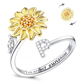 Kucheed Fidget Ring for Women, Sunflower, Adjustable Spinner Ring, Silver Stackable Anti-Stress Letter Finger Circle, Engraved 'You Are My Sunshine' Inside the Jewellery, Rhinestone