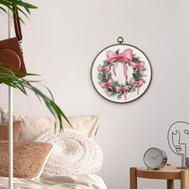 MAQIKA Pink Winter Wreath Bow Framed Wall Art Decor, Christmas Wall Decor, Preppy Xmas Round Wall Hanging Decor, Coquette Bow Christmas Canvas Prints Wall Art for Girls Dorm Living Room, 10x10 Inch