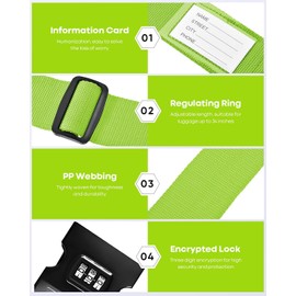 4 Pack Luggage Straps with Combination Lock and Name ID Card, 2M Adjustable Belts Keep Suitcase Secure While Traveling, Luggage Accessories to Secure Bag Cargo Safe Quick-Release (Green)