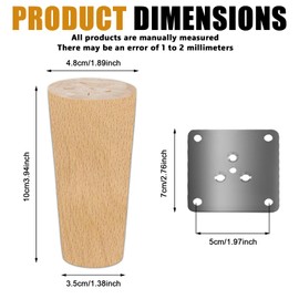 GOMETY Pack of 4 Wooden Furniture Feets, 10 cm Solid Wood Conical Replacement Table Legs, Oak Table Legs with 4 Mounting Plates and 32 Screws, Round Wooden Legs for Chairs Sofa Bed Cabinet Couch and