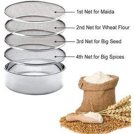 Vaishnavi Creations 4 In 1 Stainless Steel Interchangeable Sieve Set of 5 Flour Spices Food Strainers Atta Chalni Jaali Channi Atta, Maida Strainer - Silver, Length 8 Inch, Width Height 2.5 Inch