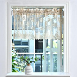 Kotile Beige Lace Valance Curtain for Kitchen Window, Rusitc Floral Vintage Cream Sheer Valance Over Sink 18 Inch Length, Rod Pocket Privacy Short Valance for Windows, 52 x 18 Inch, 1 Panel, Beige