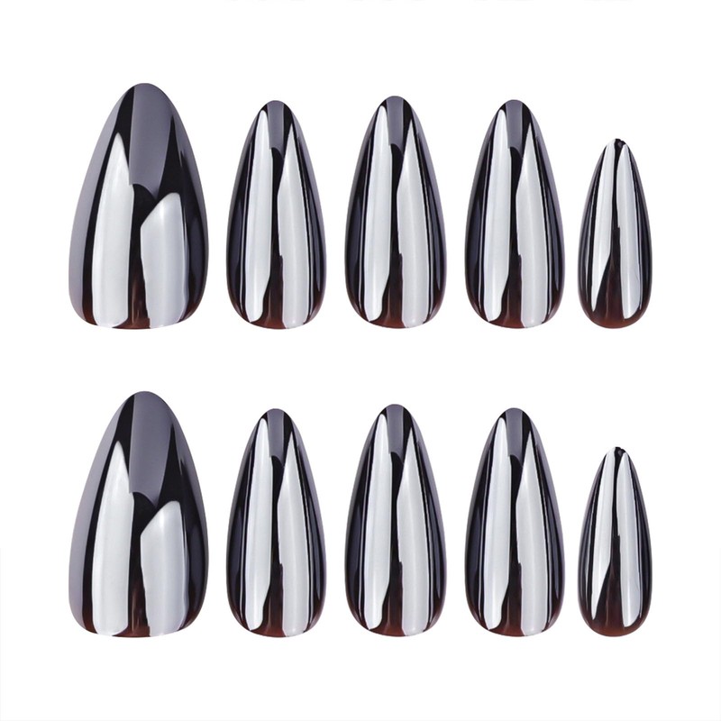 Medium Press on Nails Almond Fake Nails with Chrome Designs