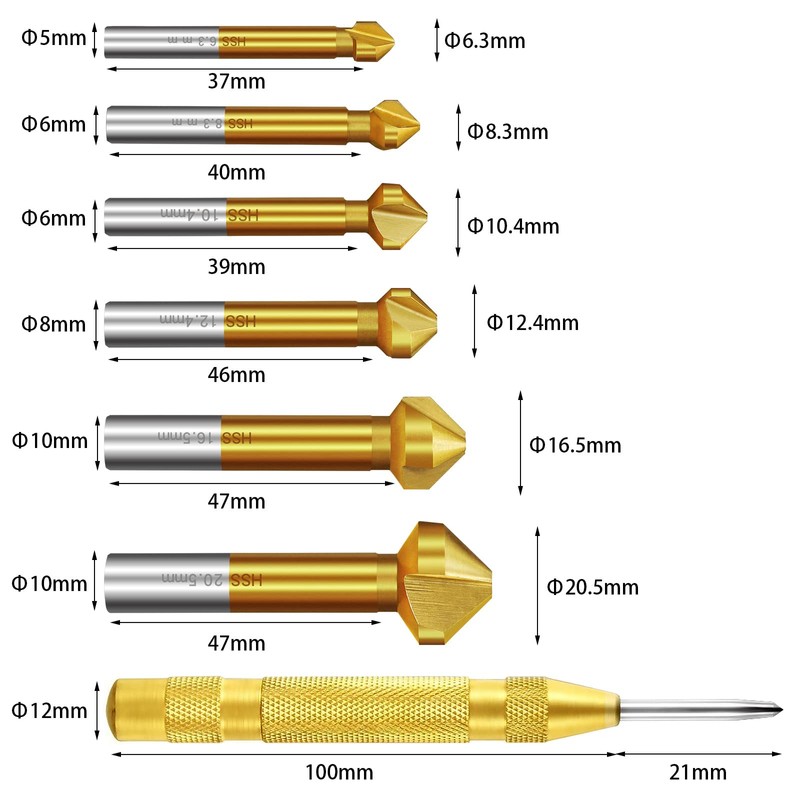 6-Piece 90° Countersink Set, HSS Countersink Set, Titanium Coating, Diameter