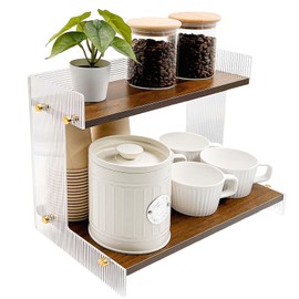 SNAIL GARDEN Acrylic & Wood Coffee Station Organizer with Raised Edges, 2-Tier Coffee Bar Organizer with Sturdy Flat Base, Premium Walnut Finish for Kitchen Countertop Storage