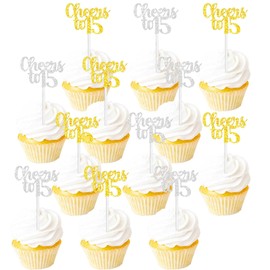 18 piezas de Cheers to 15 piezas para decoración de cupcakes para 15 cumpleaños, boda, aniversario, celebrar 15 años de antigüedad, suministros de decoración de postres dorado y plateado