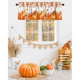 BEMIGO Fall Valances for Windows Thanksgiving Kitchen Valance Curtains Orange Pumpkin Maple Leaves Light Filtering Thermal Insulated Window Curtains for Living Room Bedroom Decor, 54x18in