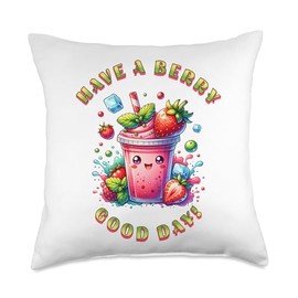 Have A Berry Good Day Kids Cute Japan Kawaii Strawberry Boba Throw Pillow