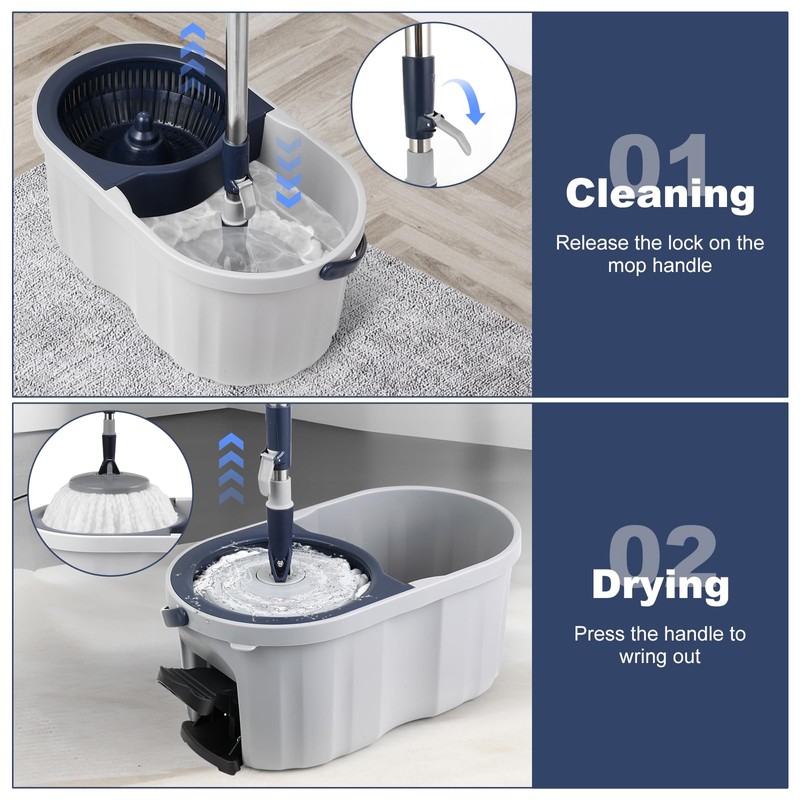 Spin Mop and Bucket System with180-Degree Rotating Head Telescopic Handle