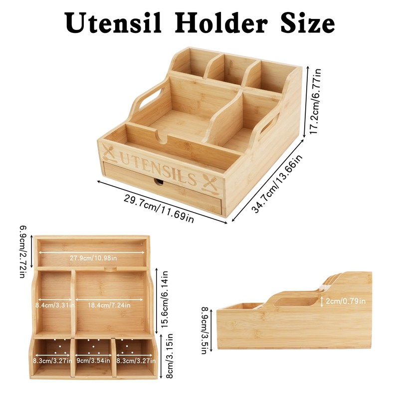 Kitchen Utensil Holder with Drawer, Farmhouse Spatula Organizer for Countertop,Large
