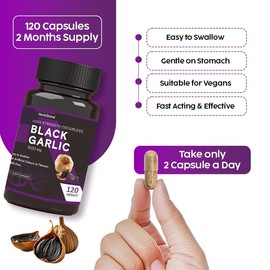 HERBSTONE Black Garlic Capsules 1500mg High Strength | 120 Odourless Vegetarian Capsules | Aged Black Garlic Extract Supplement | Supports Heart Health, Cholesterol & Circulation | UK Formula