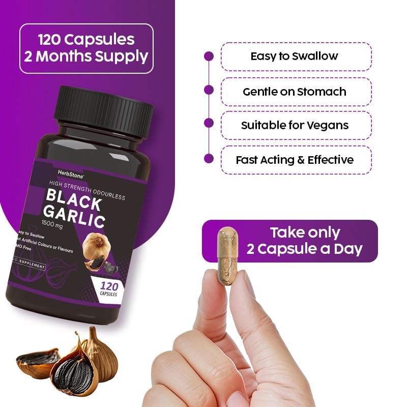 HERBSTONE Black Garlic Capsules 1500mg High Strength | 120 Odourless
