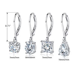 MDFUN 18K White Gold Plated Round Princess Cut Clear Cubic Zirconia Tear Drop Dangle Earrings for Women Hypoallergenic 4 Pairs