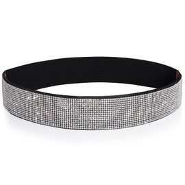 YooAi Rhinestone Elastic PU Leather Belt Shiny Crystal Stretch Waist Belt Wide Waist Band for Women Dress, black