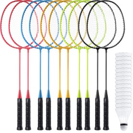 10 Packs Badminton Rackets Set with 15 Badminton Shuttlecocks Birdies Badminton Racquets for Adult and Lightweight Teenagers Badminton Set for Backyard Gym Beach Outdoor Games, 5 Colors