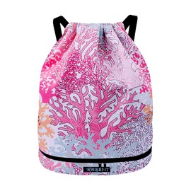 Risefit Waterproof Drawstring Backpack, Swimming Travelling Shopping Gym Bag Nylon Sports Backpack for Men Women Girls Boys (Coral)