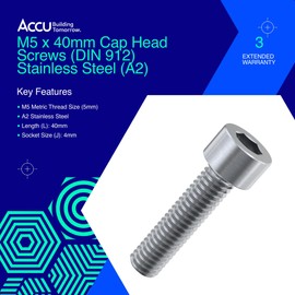 Accu - M5 x 40mm Cap Head Screws (DIN 912) - Stainless Steel (A2) (Pack of 20)