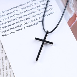 Aneneiceera Punk Black Cross Necklace Choker Gothic Black Leather Cross Pendant Necklace Braided Wax Rope Chain Band Necklace Black Tone Bible Cross Necklace Charm for Women, Leather Metal