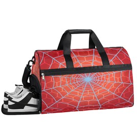 Kids Overnighter Duffel Bags for Boys Girls, Carry-On Size Sports Gym Bag with Shoe Compartments for School Practice or Overnight Travel Weekender Sleepover Tote Bag, Red Spider Web