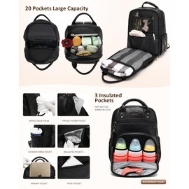 ROSEGIN Premium Vegan Leather Diaper Bag Backpack with Waterproof Changing Pad, Reinforced Zippers & Odor-Free, 20 Pockets Pro Organizer, Fits 15.6" Laptop, Stroller Straps, Baby Bag for Mom, Black