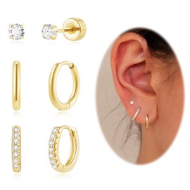 Earring Stacks Gold Hoop Earrings Set, Dainty 14K Gold Small Huggie Hoop Earrings for Women Trendy Hypoallergenic Cartilage Flat Back Stud Earrings Set for Multiple Piercing (Gold, Style-1)