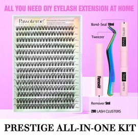 Pawotence Lash Extension Kit DIY 280pcs Individual Lash Clusters Kit 30D Cluster Eyelash Extensions Kit with Lash Bond and Seal, Lash Remover, Lash Tweezers for Self Use (30D, 8-15mm, All Kit)