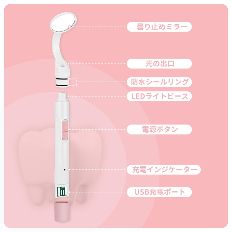 Watles デンタルミラー 歯科用ミラー 曇り止めミラー 充電式 LEDライト 歯鏡 家庭用 自宅 (ピンク)