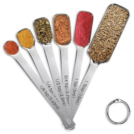 Stainless Steel Measuring Spoons Set of 6, Rectangular Metal Measuring Spoons for Dry & Liquid Ingredients, Compact Design for Narrow Spice Jars, Kitchen Gadgets for Baking & Cooking