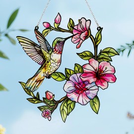 Stained Glass Hummingbird Suncatcher, 30CM Stained Glass Window Hanging Yard Décor with Flowers, Sun Catcher for Home Decor, Garden, Patio Bird Window Art Gift for Nature and Bird Lovers