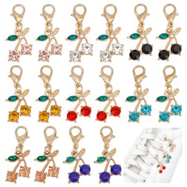 DELORIGIN 16pcs Cherry Rhinestone Shoe Charms, 8 Colors Alloy Bling Shoe Pendant Gold Shoe Clips Hanging Decoration Shoe Buckles Pendant with Ring for Shoe Keychain Bag Decor Birthday Festival Present