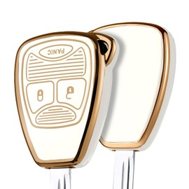 ELOHEI Key Fob Cover for Jeep, TPU Car Key Fob Case for Jeep Wrangler Patriot Grand Cherokee Dodge Ram 1500 2500 3500 Dakota Magnum Durango Charger (Gold Edge White)