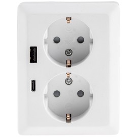 Milos Protective Contact Socket 2-Way Double Socket 1 to 2 Flush-Mounted Installation in a Flush-Mounted Socket 250 V ~ / 16 A with USB-A USB-C PD White