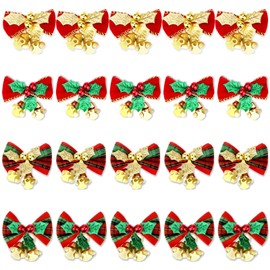Moños Navideños Mini con Cascabeles 20 Piezas, 4 Estilos Tela Suave, Adornos para Árbol Corona Guirnaldas DIY, 4.5 x 4 cm