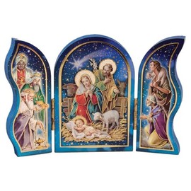 celebrationgiftsforall Christmas Nativity Scene Triptych Wooden Plaque of Our Holy Family Jesus in a Manger, Wise Men, Kings and a Shepherd with Gold Highlights