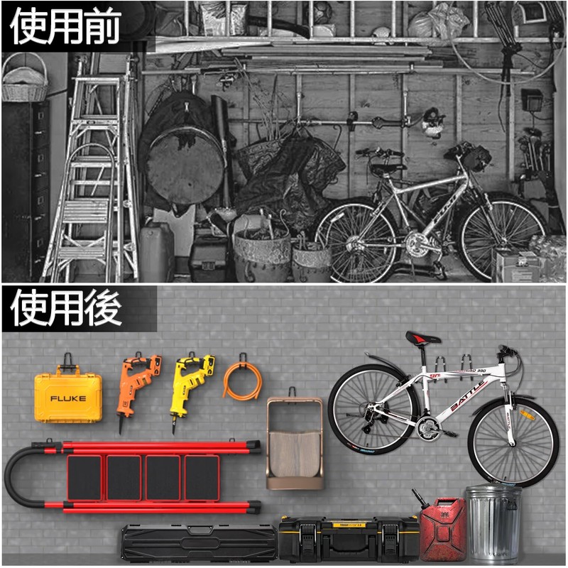 laofeei 一体型ガレージフック ツールフック 工具 壁掛け2個セット ガレージ用 オールインワンで更に耐荷重10kg増やす はしご、自転車、ホース、スコップ、草刈り機などの道具収納（小型ラウンド）