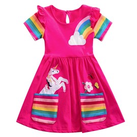UnionKK Kids Girls Summer Casual Unicorn Dresses Cotton Short Sleeve Crew Neck Dress 2-7 Years (Short Sleeve-Fuchsia, 7T)