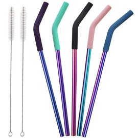 Senneny Set of 5 Stainless Steel Straws with Silicone Flex Tips Elbows Cover, 2 Cleaning Brushes and 1 Portable Bag Included (Colorful)- 8mm diameter