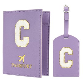 PATIKIL Passport Holder for Travel, Initial Passport Cover and Luggage Tag Set with Alphabet Chenille Letter Patch Travel Wallet Bag Suitcase Identifier for Women Family Travel Purple C