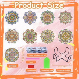 Rongrongago 9-Piece Diamond Painting Coaster Set with Holder and Tools, Diamond Cup Coasters, 5D Diamond Painting Coasters for DIY, Cafe, Holiday Decoration