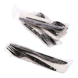 AmerCare Three Piece Meal Kit with 12 x 13 Napkin, and Black Medium-Heavy Weight Fork and Knife, Case of 500