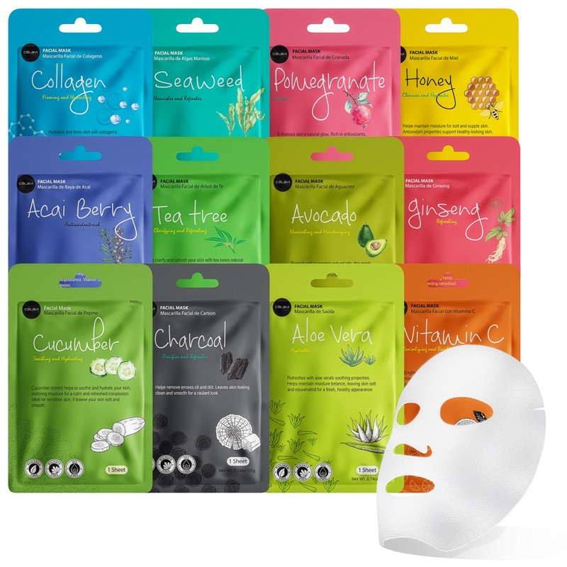 Celavi Collagen Facial Face Mask (12-Sheets) Classic Korean Skincare Lighten,