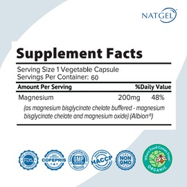 NATGEL NatGel Magnesium Glycinate 200mg | 60 Veggie Capsules | High Absorption for Relaxation, Sleep & Muscle Support | Gentle & Non-GMO