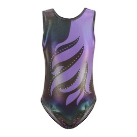 Gymnastics Leotards for Girls Shiny Beads Metallic Flame Swirl Athletic Dance Bodysuit Outfit Purple Size 6