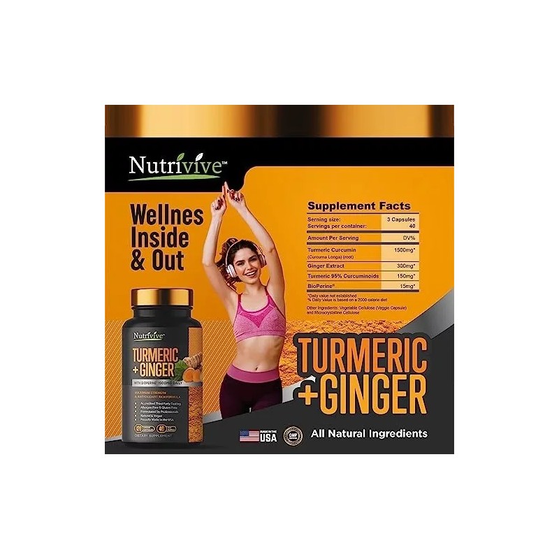 Nutrivive Turmeric Curcumin w/Ginger BioPerine 1500mg Blk Pepper 120 Caps-X-9/26