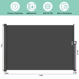 LIFERUN 118" x 71" Side Awning, Retractable Side Awning, Patio Retractable Side Screen, UV Resistant, Waterproof, Patio Privacy Screen for Garden, Balcony, Courtyard(Dark Grey)