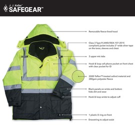 J. J. Keller & Associates, Inc. Hi Vis Reflective Parka Jacket with Hood, Fleece Lined, Waterproof, Class 3, Lime, 2X-Large, SAFEGEAR