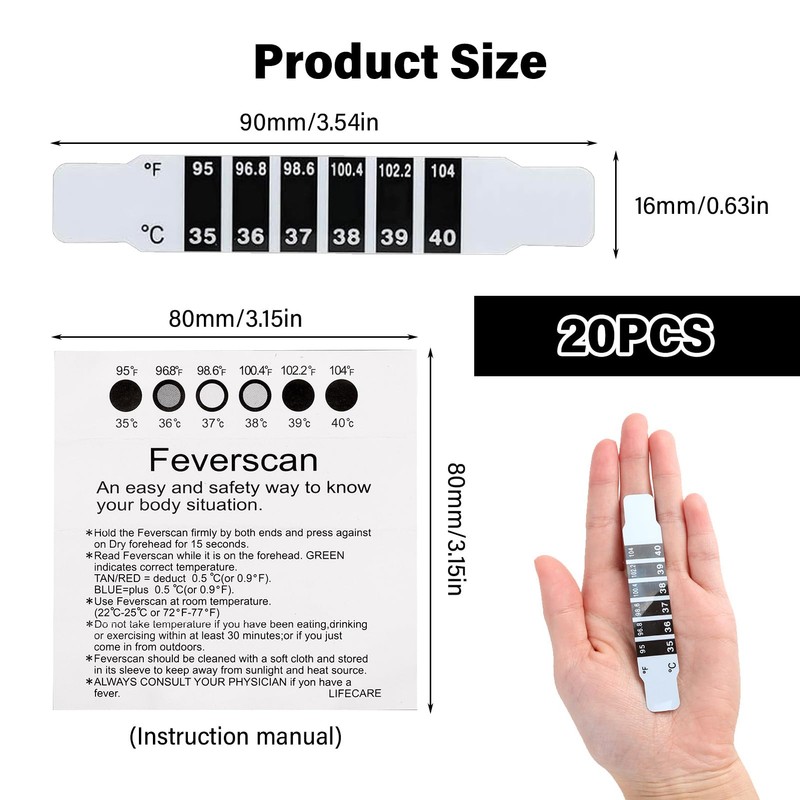 Forehead Thermometer Strips - 20 PCS Quick Read Reusable Forehead